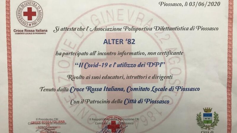 Alter 82 e areapro2020 hanno svolto il corso informativo  su “Covid-19 e utilizzo DPI”, tenuto da Croce Rossa Italiana di Piossasco.