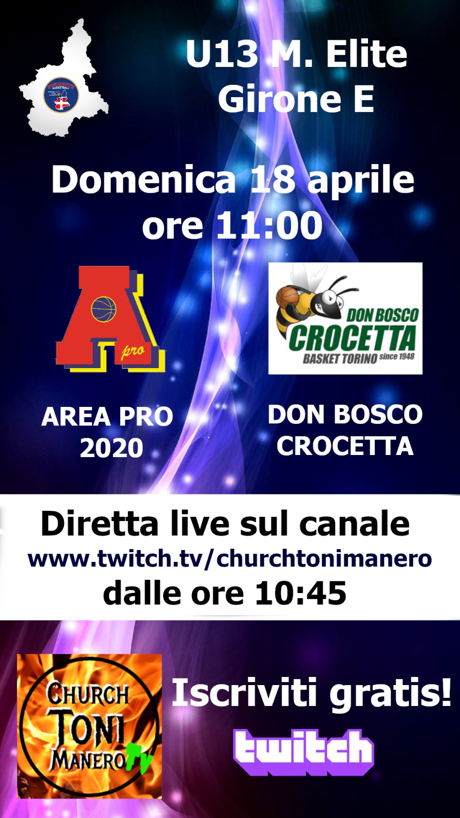 Under 13 Elite: AreaPro2020 vs PGS Crocetta. Diretta churchtonimanero webtv dalle ore 10.45.