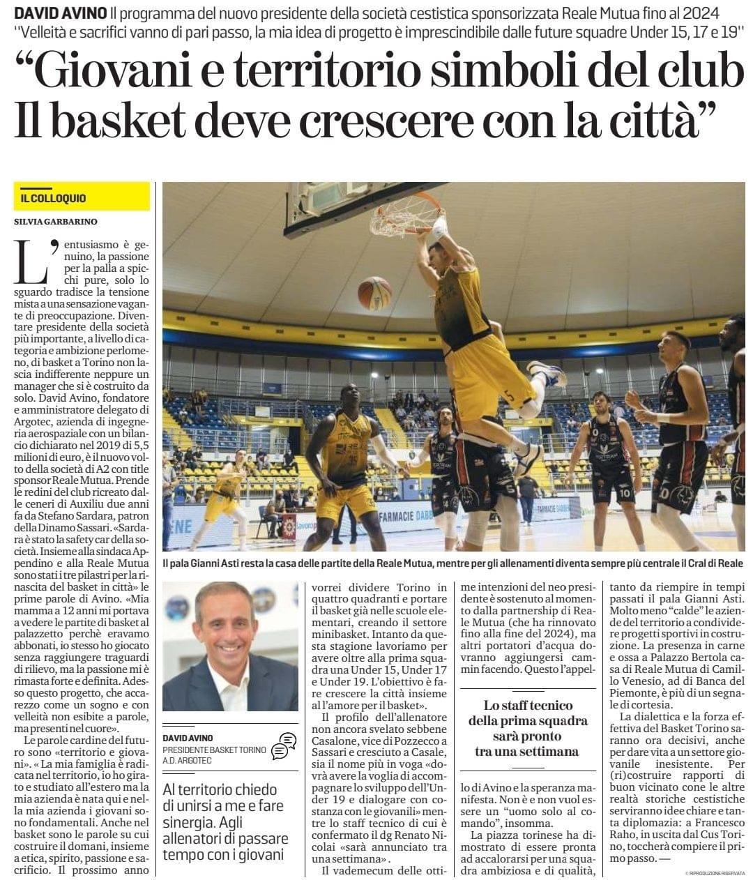 Articolo sul nuovo Presidente Basket Torino David Avino
