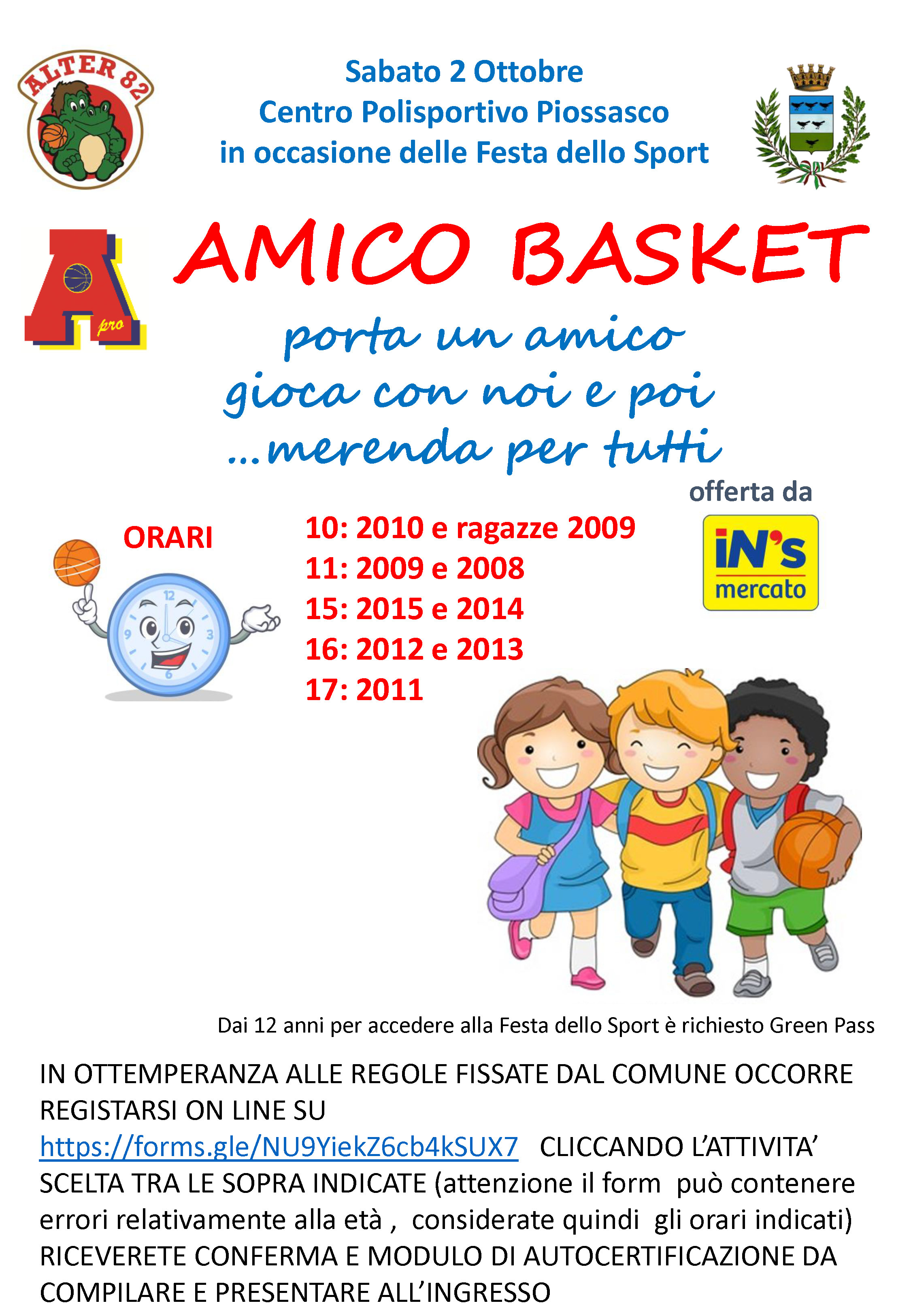 Amico Basket: Festa dello Sport a Piossasco Sabato 2 ottobre 2021. Nuove modalità iscrizione.