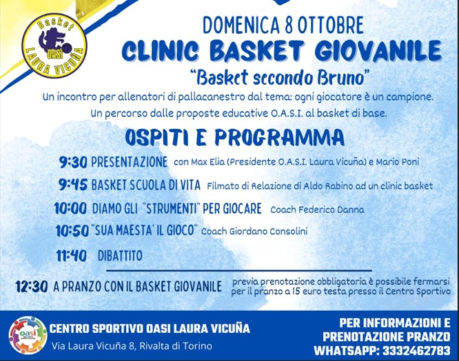 Sabato 7 ottobre 2023 a OASI intitolazione della palestra del centro a Bruno Gontero. Domenica 8 clinic allenatori.