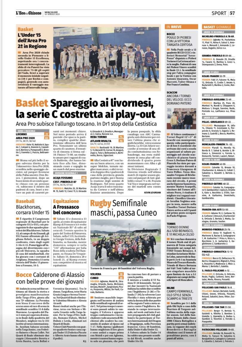 Eco del Chisone: ..Under 15 ecc seconda in Regione…Serie C AreaPro spareggio a favore di Livorno. Via ai playout dal 26 aprile