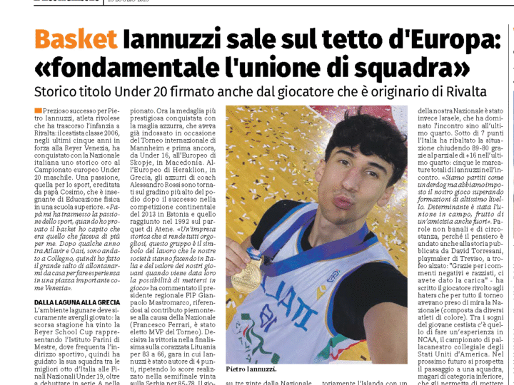 Pietro Iannuzzi di Rivalta sul tetto d’Europa: campione con l’Italia Under 20 di basket”