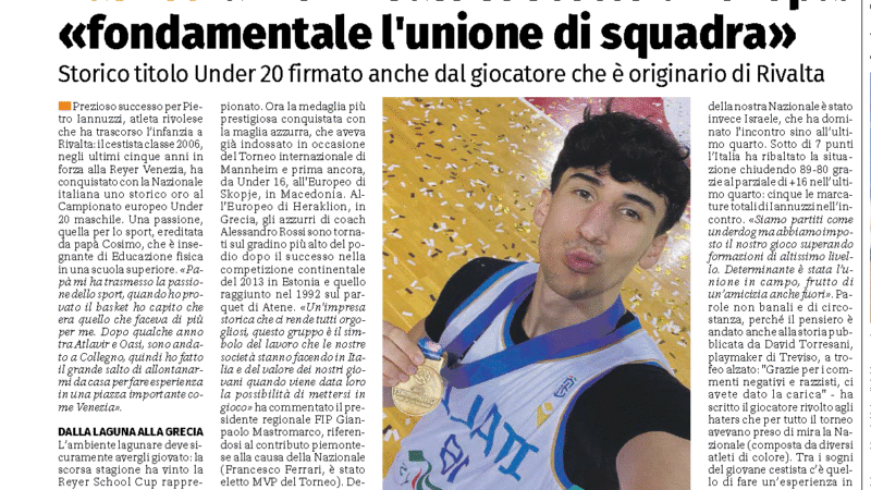 Pietro Iannuzzi di Rivalta sul tetto d’Europa: campione con l’Italia Under 20 di basket”
