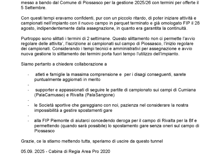 Comunicato ufficiale in merito utilizzo palasport di Piossasco