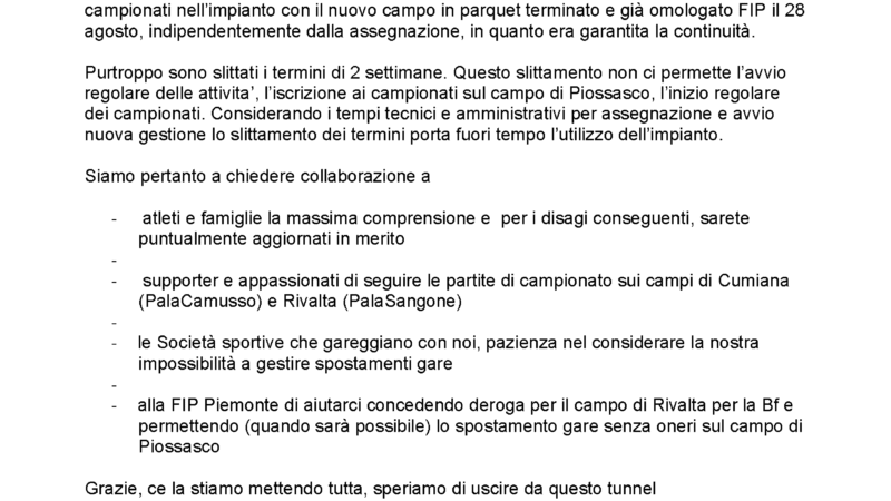 Comunicato ufficiale in merito utilizzo palasport di Piossasco