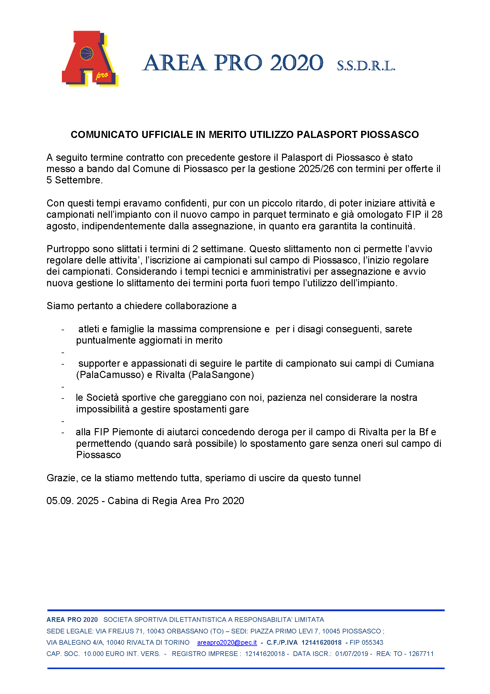Comunicato ufficiale in merito utilizzo palasport di Piossasco