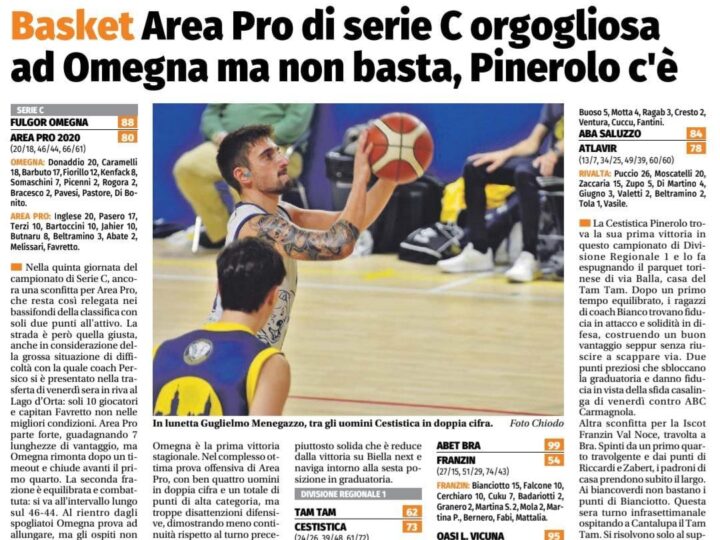 ECO DEL CHISONE: Area Pro di serie C orgogliosa ad Omegna ma non basta, Pinerolo c’è