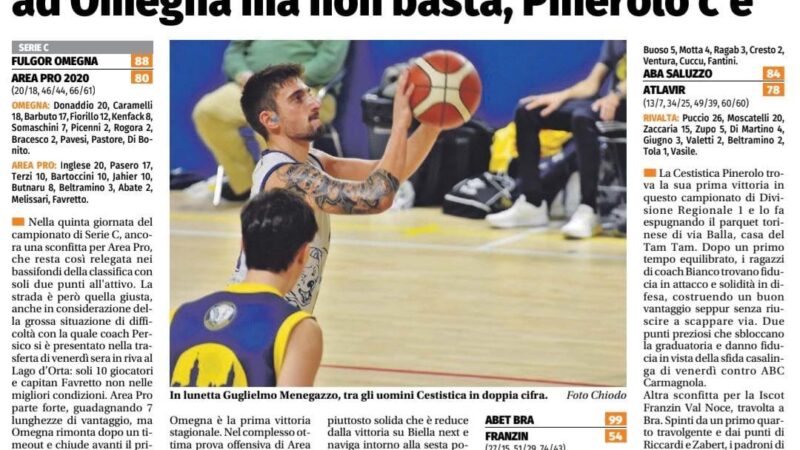 ECO DEL CHISONE: Area Pro di serie C orgogliosa ad Omegna ma non basta, Pinerolo c’è