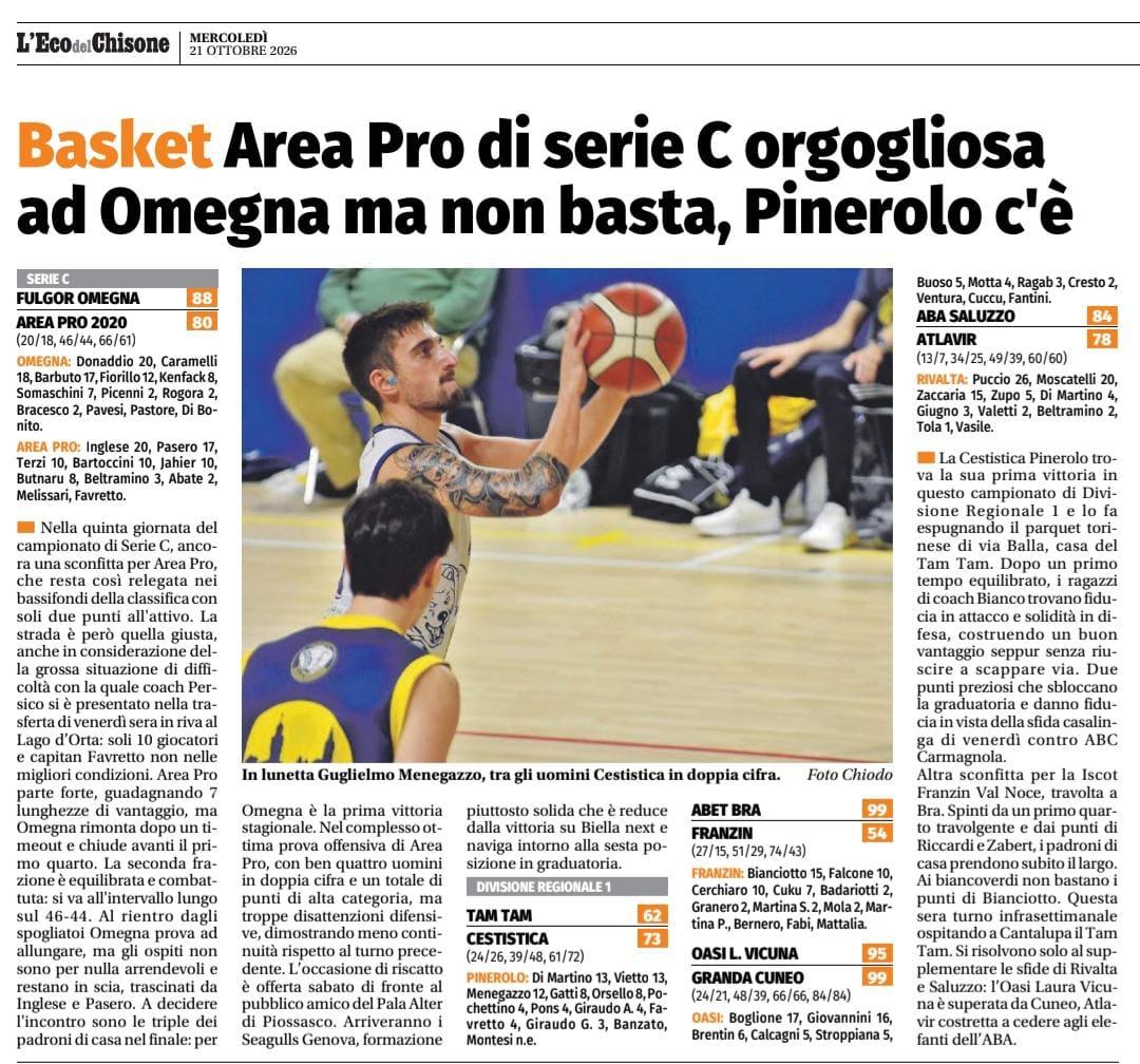 ECO DEL CHISONE: Area Pro di serie C orgogliosa ad Omegna ma non basta, Pinerolo c’è